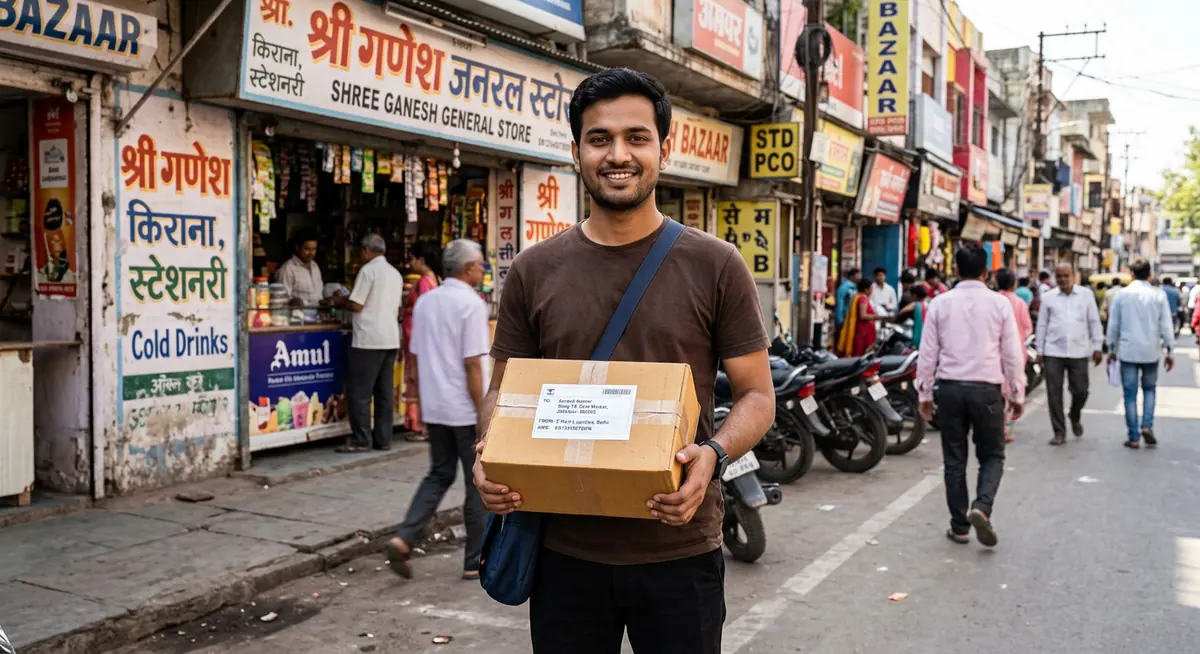 IDR Courier staff wearing brown T-shirt and black pants collecting parcel box outside shop in Jabalpur