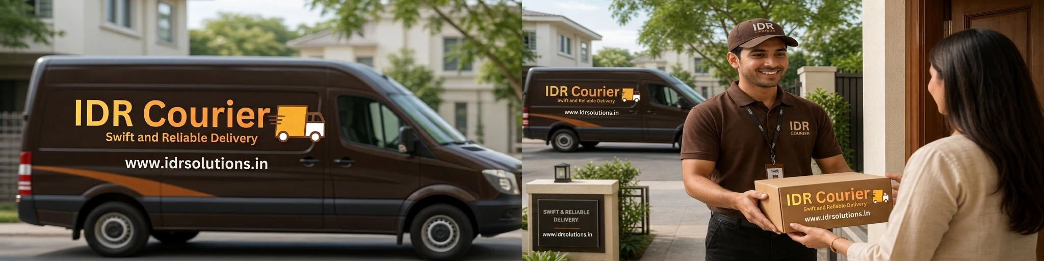 IDR Courier delivery staff in black pant and brown t-shirt delivering parcel at doorstep - swift and reliable delivery