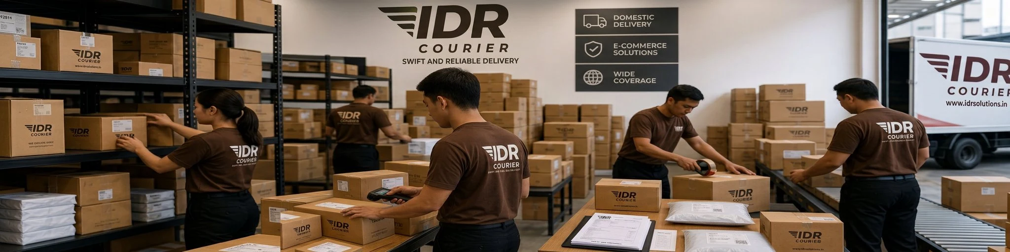 Various parcel types handled by IDR Courier staff in black pant and brown t-shirt - documents, gifts, clothes, books, electronics