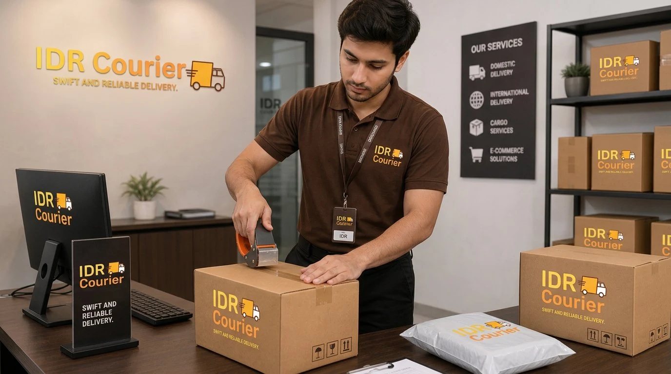 Parcel size and weight guide - IDR Courier staff in black pant brown t-shirt checking parcel dimensions