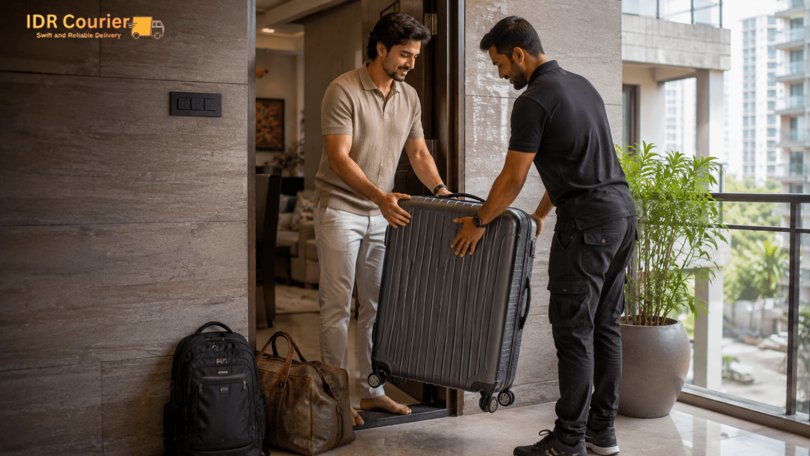 Courier executive collecting a parcel from a customer at their Mumbai home for pickup and drop delivery
