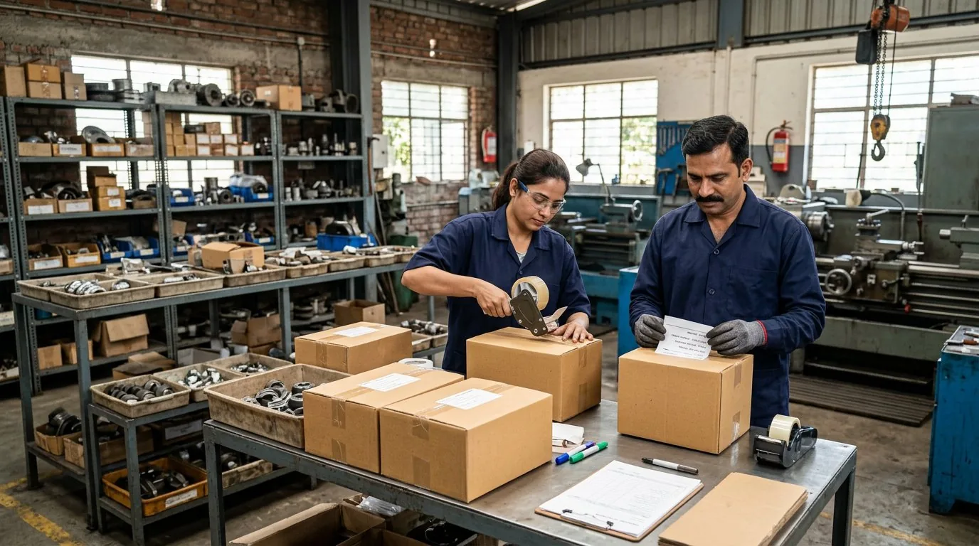 Business staff packing a shipment in a generic industrial workshop