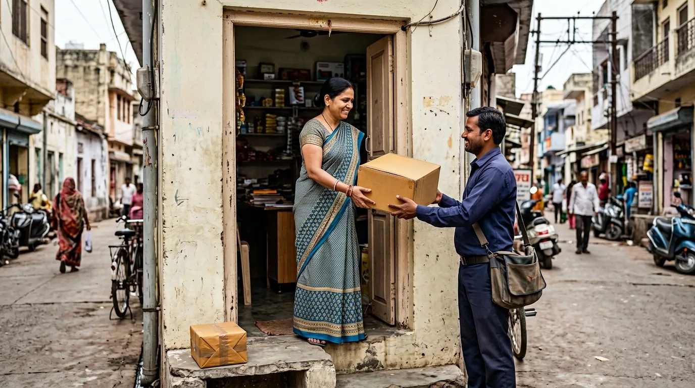 Courier professional receiving a packed parcel at a small business entrance
