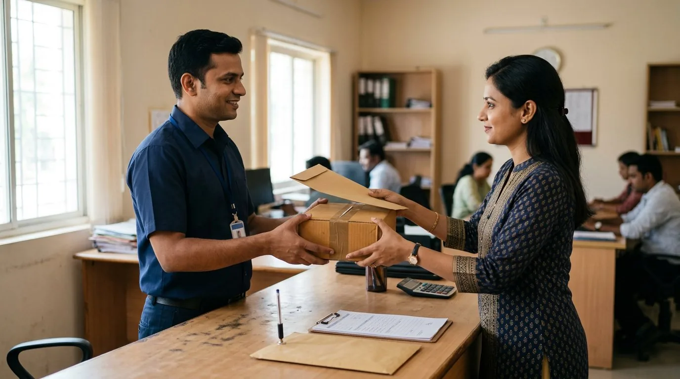 Courier handoff of a packed parcel and document envelope at an office counter