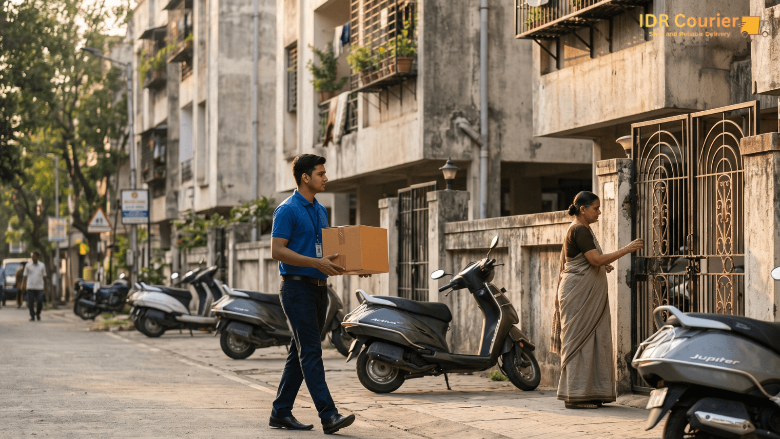Courier staff completing final-mile delivery of a parcel to a recipient