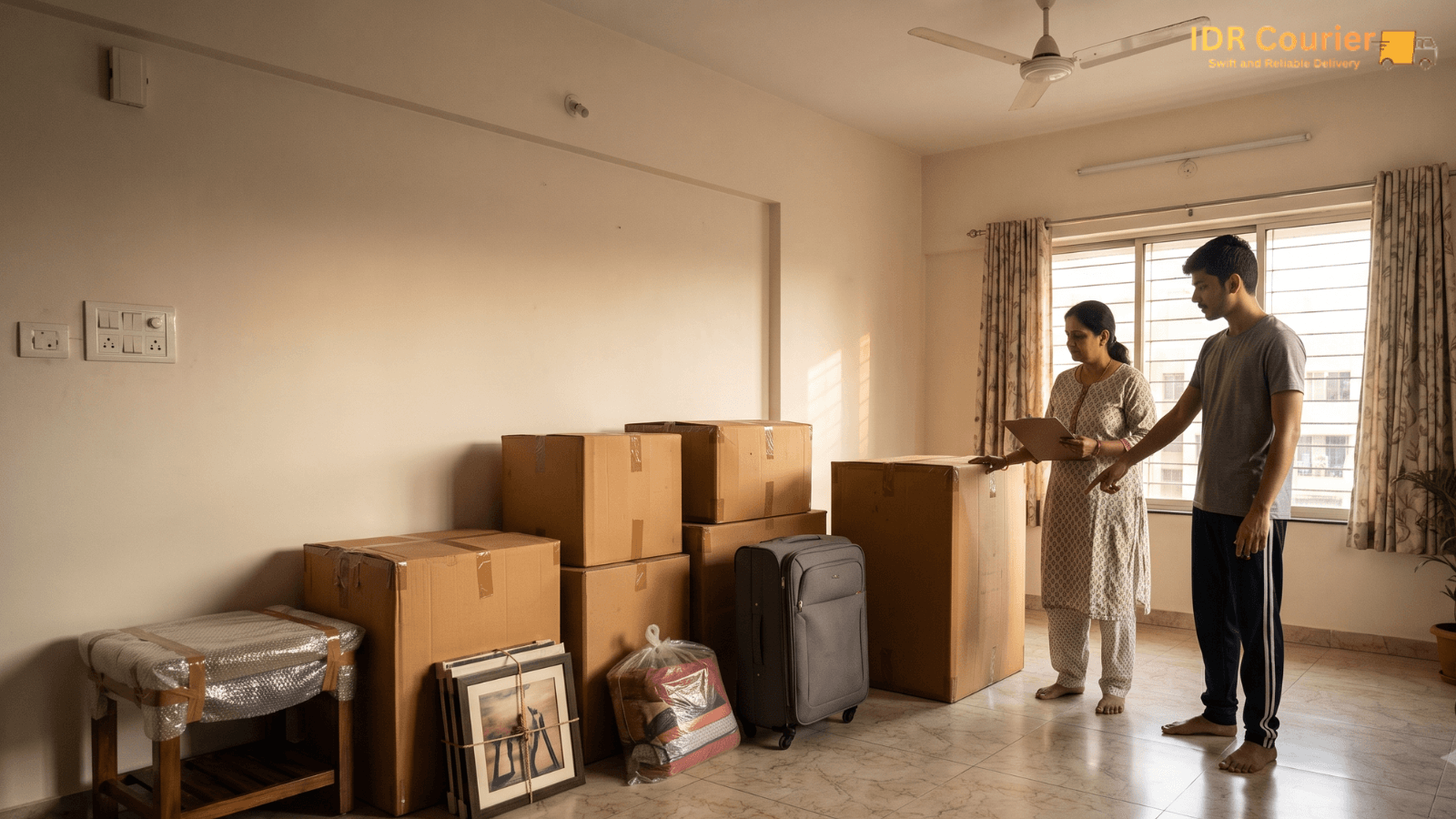 Packed household boxes ready for courier pickup at a home in Pune