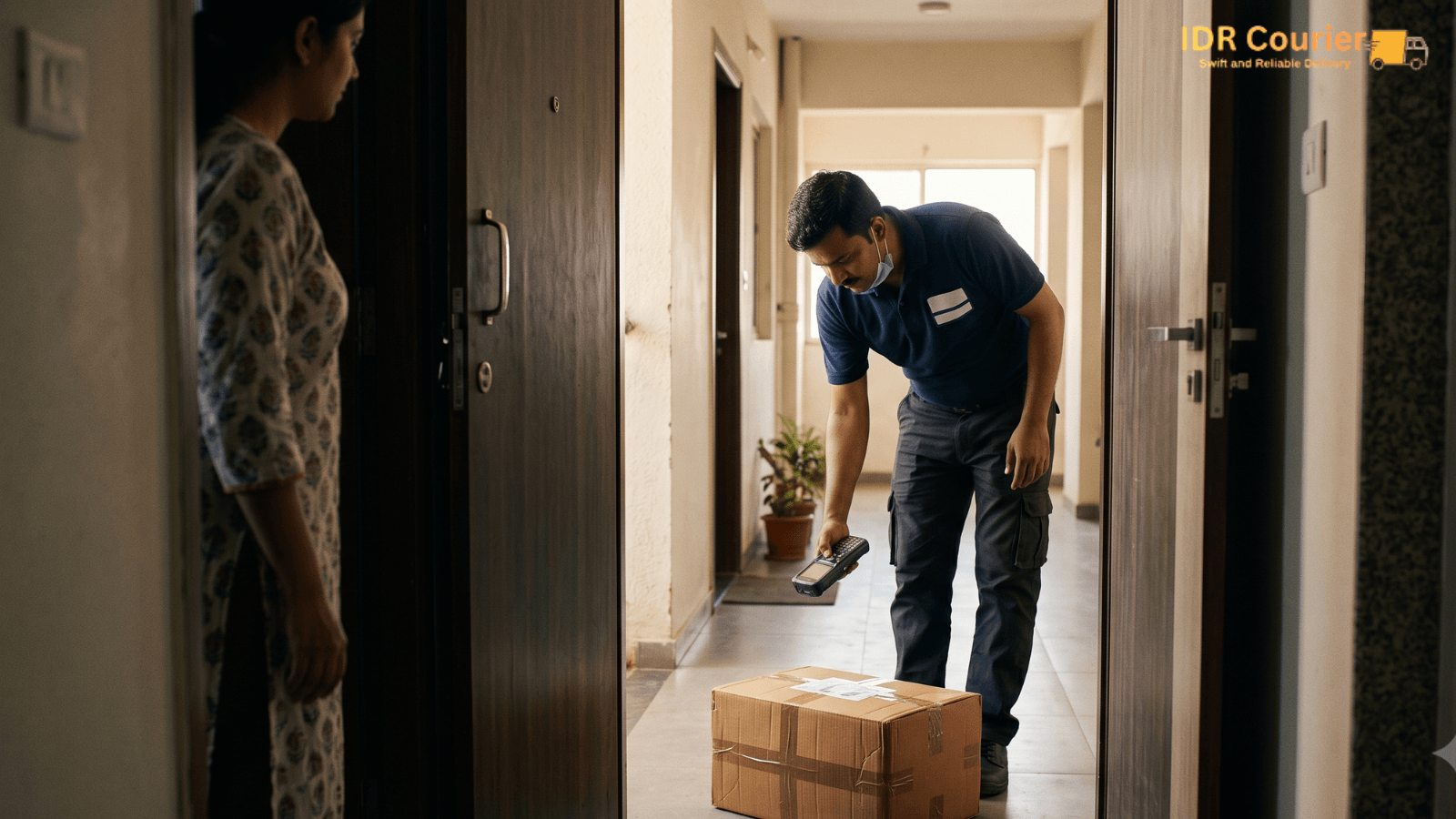 Courier executive collecting a sealed parcel for pickup in Pune