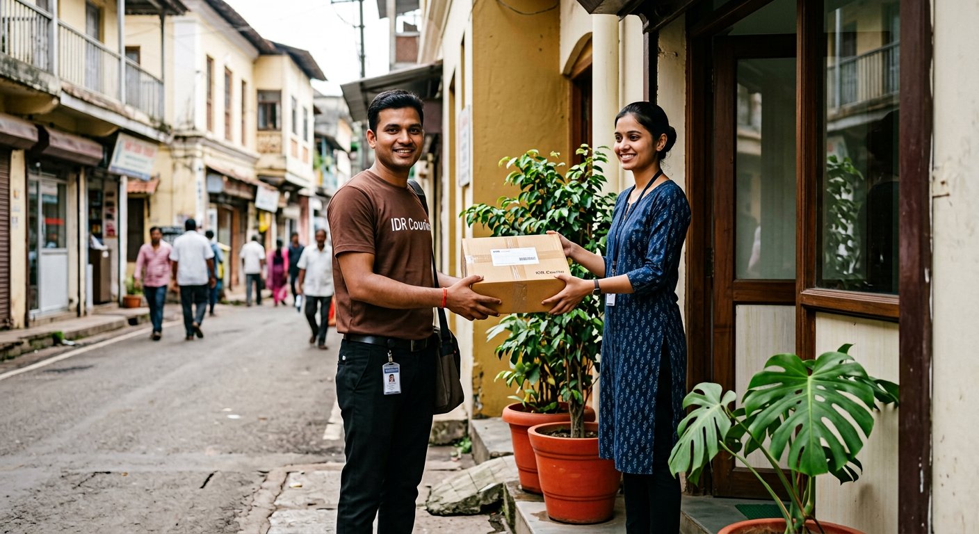 Courier executive handing a sealed carton to a recipient at an office entrance in Rewa