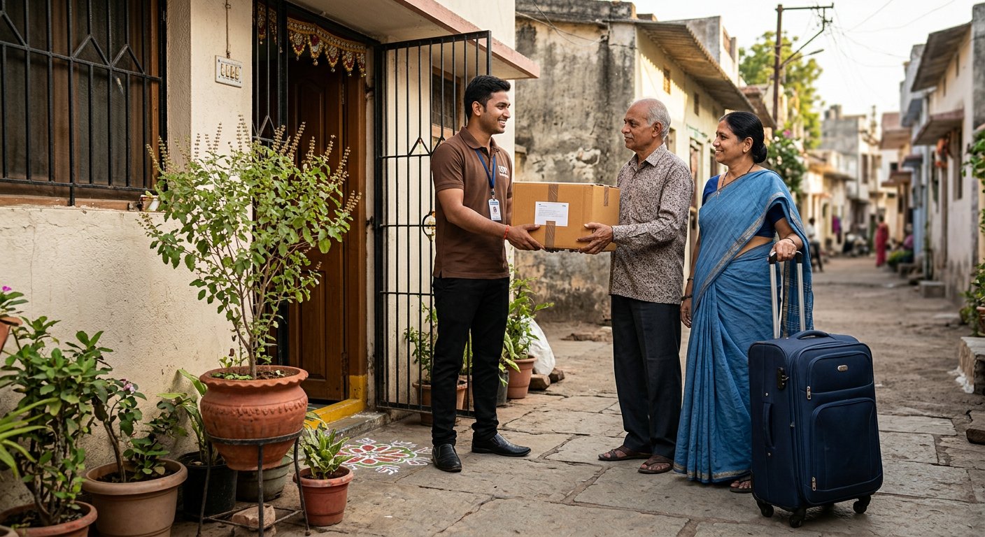 Courier executive collecting a sealed carton and suitcase from a family at their home doorway in Rewa