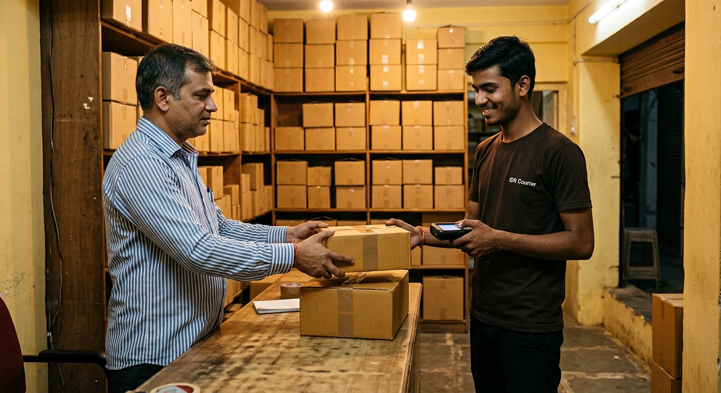 Trader in Rewa handing sealed parcels to a courier executive at a wholesale shop counter