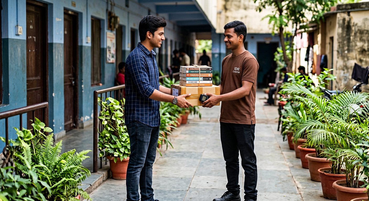 Student in Rewa handing a sealed carton of books to a courier executive outside a hostel