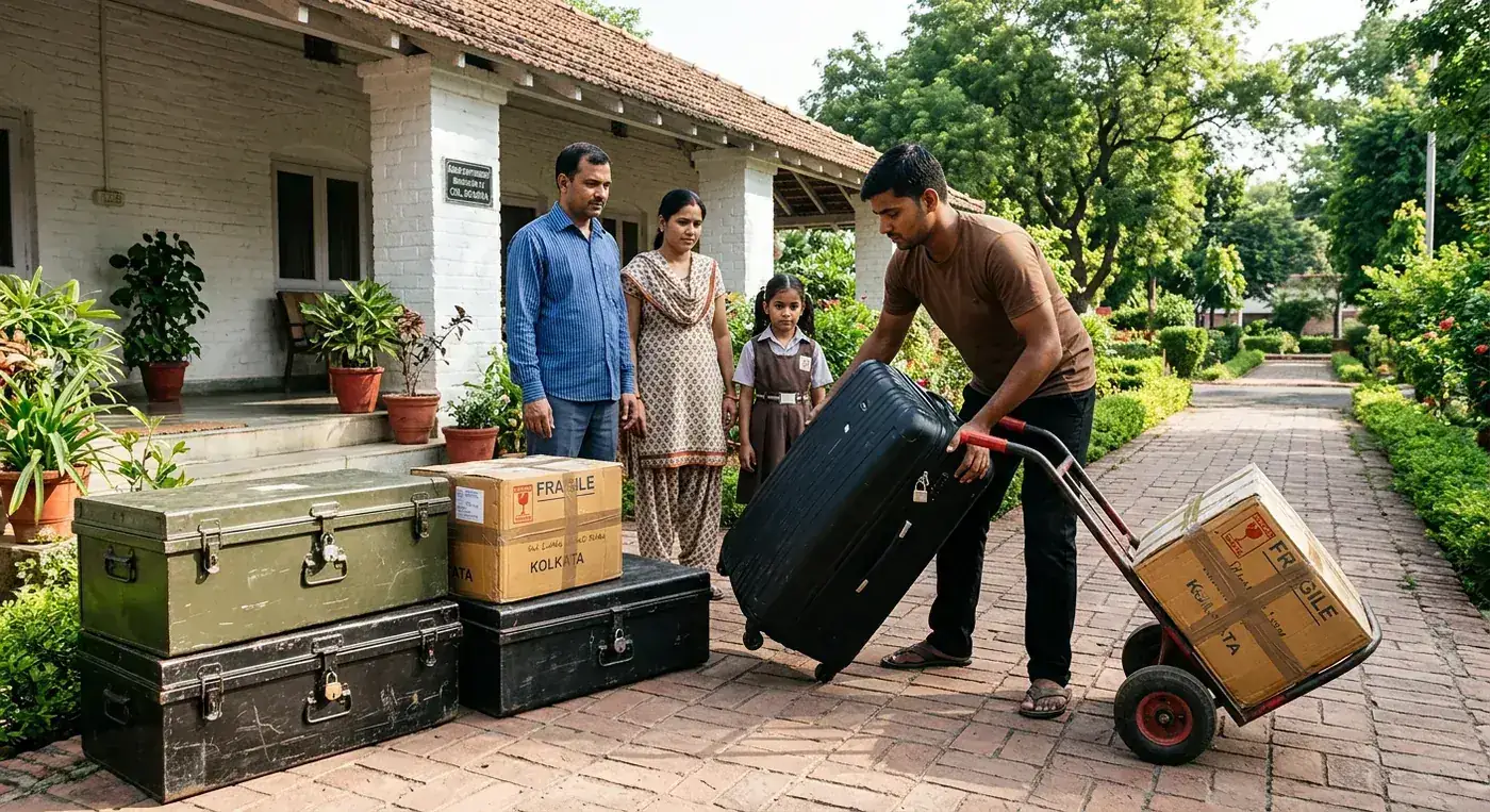 Courier executive in brown t-shirt loading locked luggage trunks outside quarters in Sagar Cantt