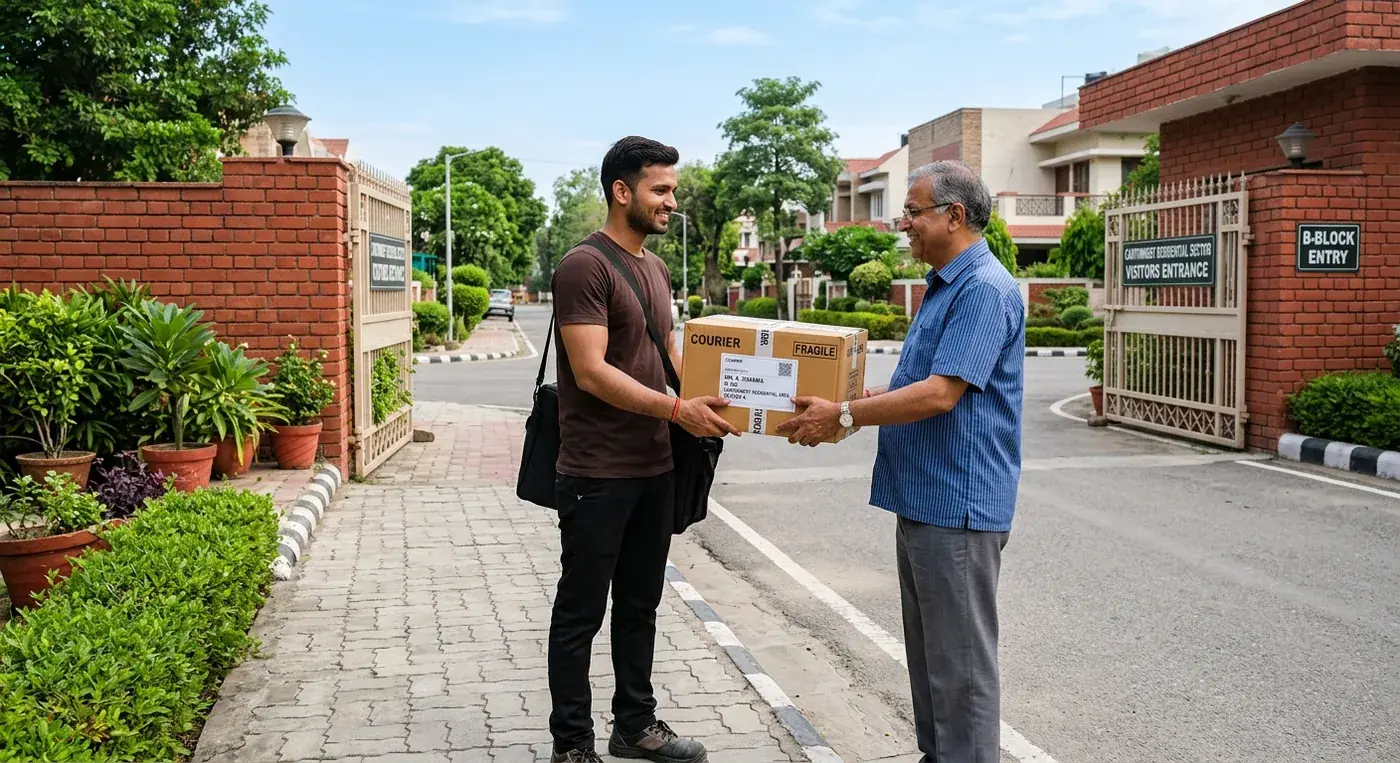 Delivery staff in brown t-shirt handing over verified parcel box to resident near Sagar Cantt gate