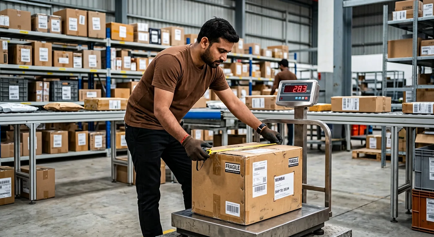 Technician measuring household box dimensions on digital scale at IDR Courier facility