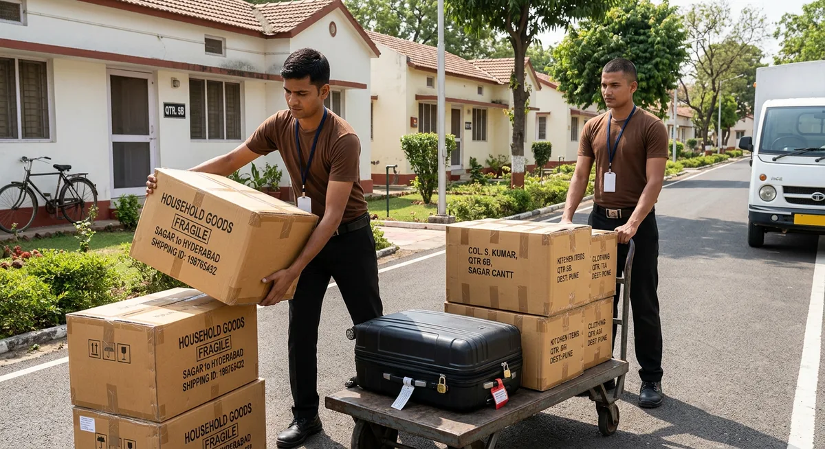 Courier staff in brown t-shirt and black pants loading luggage and boxes near Sagar Cantonment