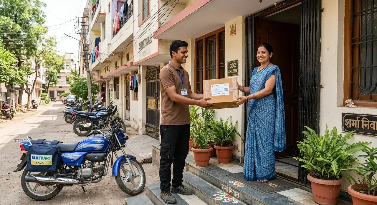 Delivery executive in brown t-shirt safely handing over pre-packed parcel box to customer at home in Sagar