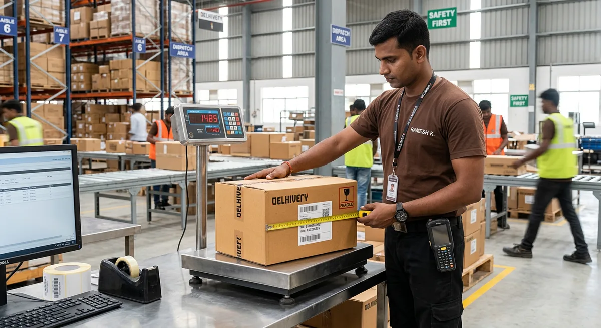 Technician in brown t-shirt and black pants measuring carton dimensions and verifying weight at courier hub