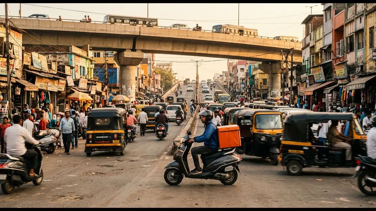 Same-day courier rider on a scooter with a delivery box in Gwalior city traffic