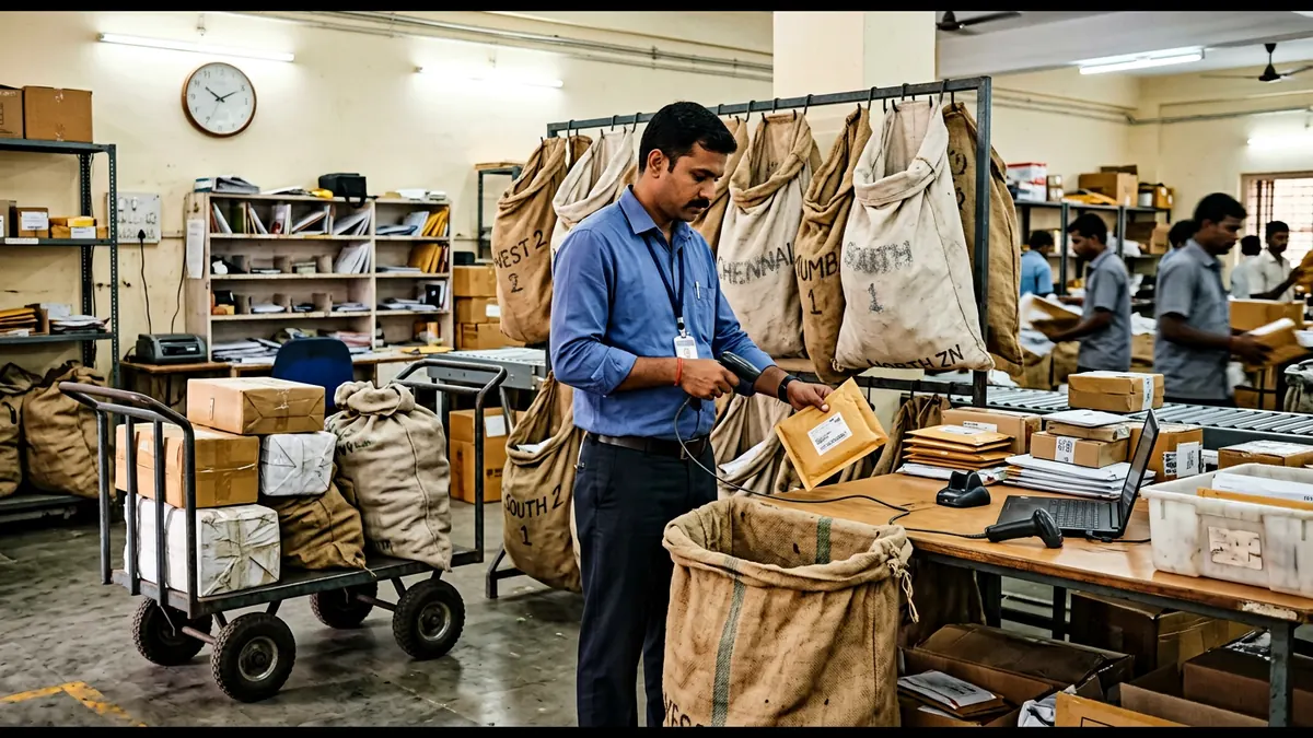 Courier executive sorting sealed envelopes and small parcels at a dispatch station