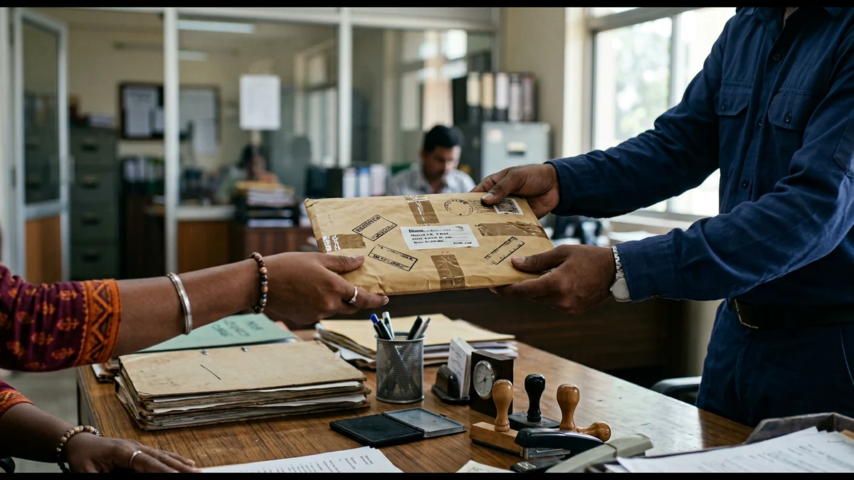 Sealed document envelope being handed over at an office desk for same-day courier pickup