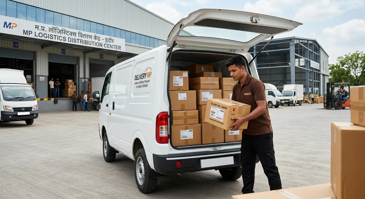 Loading parcel cartons into carrier dispatch vehicle in Madhya Pradesh
