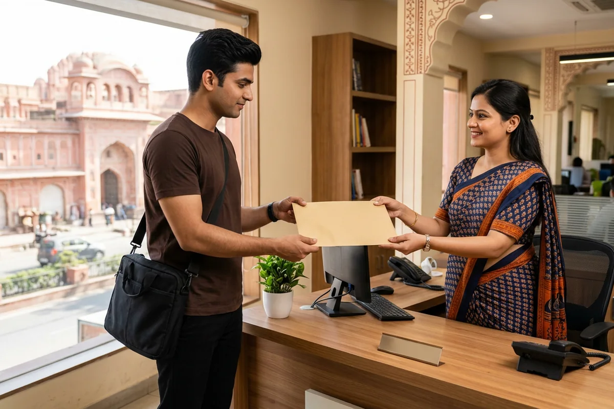 Courier executive collecting urgent documents from a Jaipur office