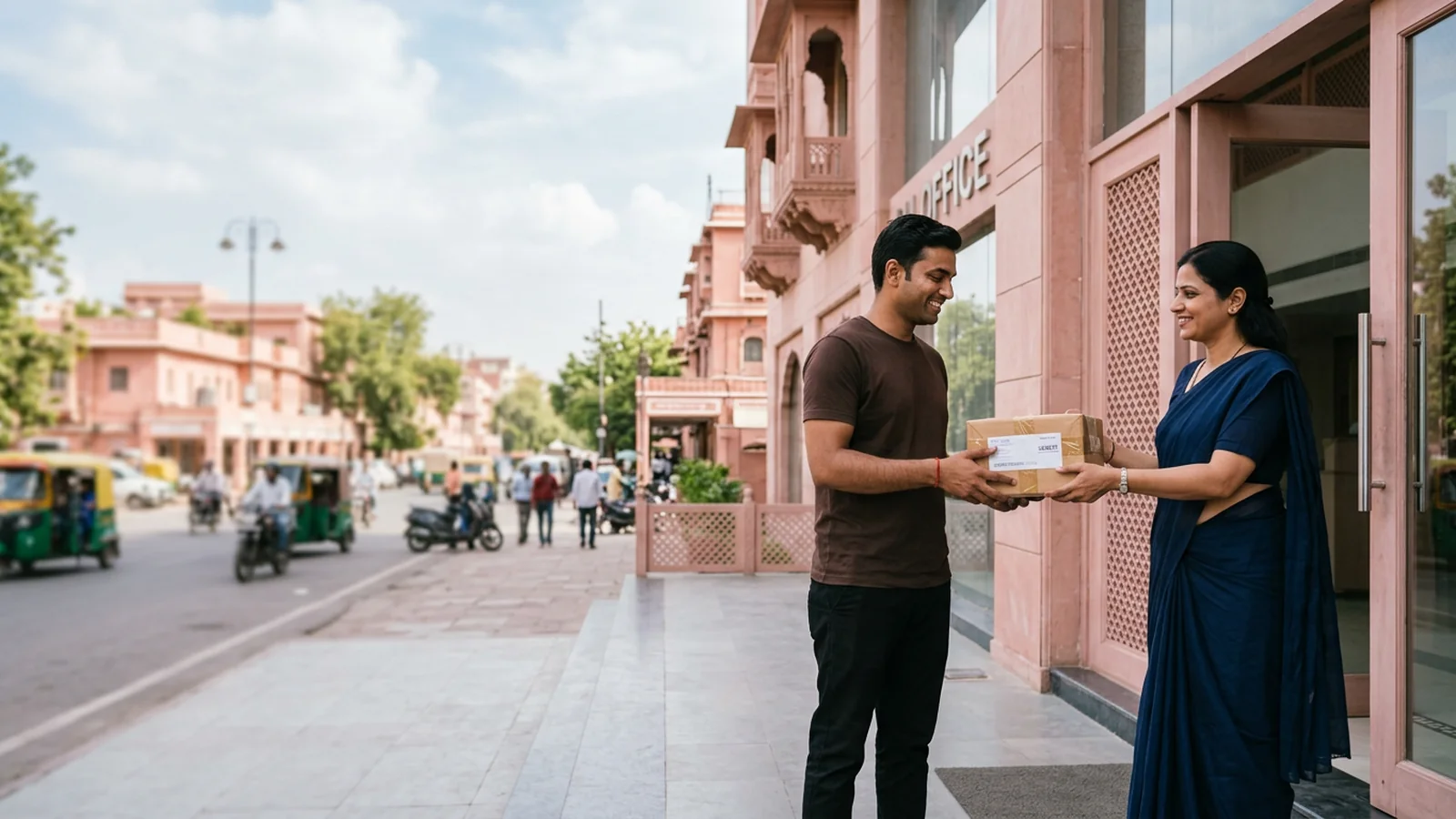 Jaipur courier executive receiving a sealed urgent parcel from an office customer