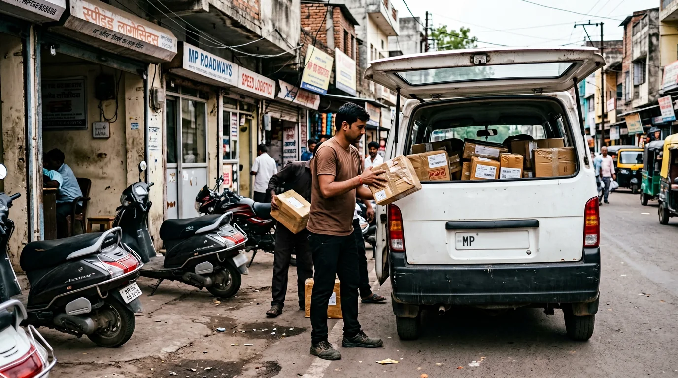 Courier worker loading sealed urgent shipment packets into a van for city transport