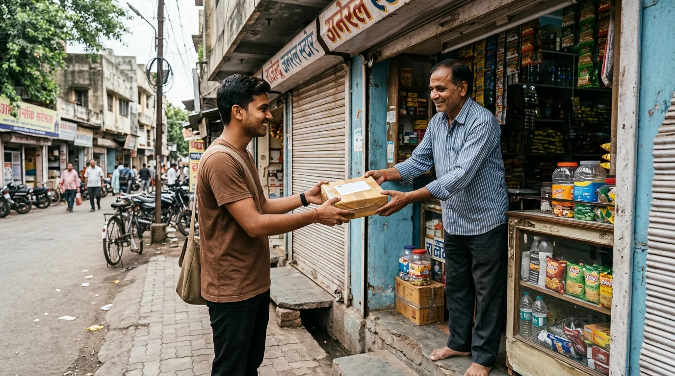 Courier worker in plain brown shirt collecting a sealed parcel from a Khandwa shop owner