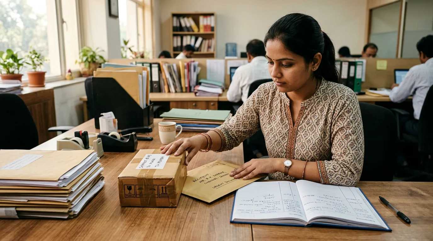 Business employee preparing a sealed document envelope and compact urgent shipment