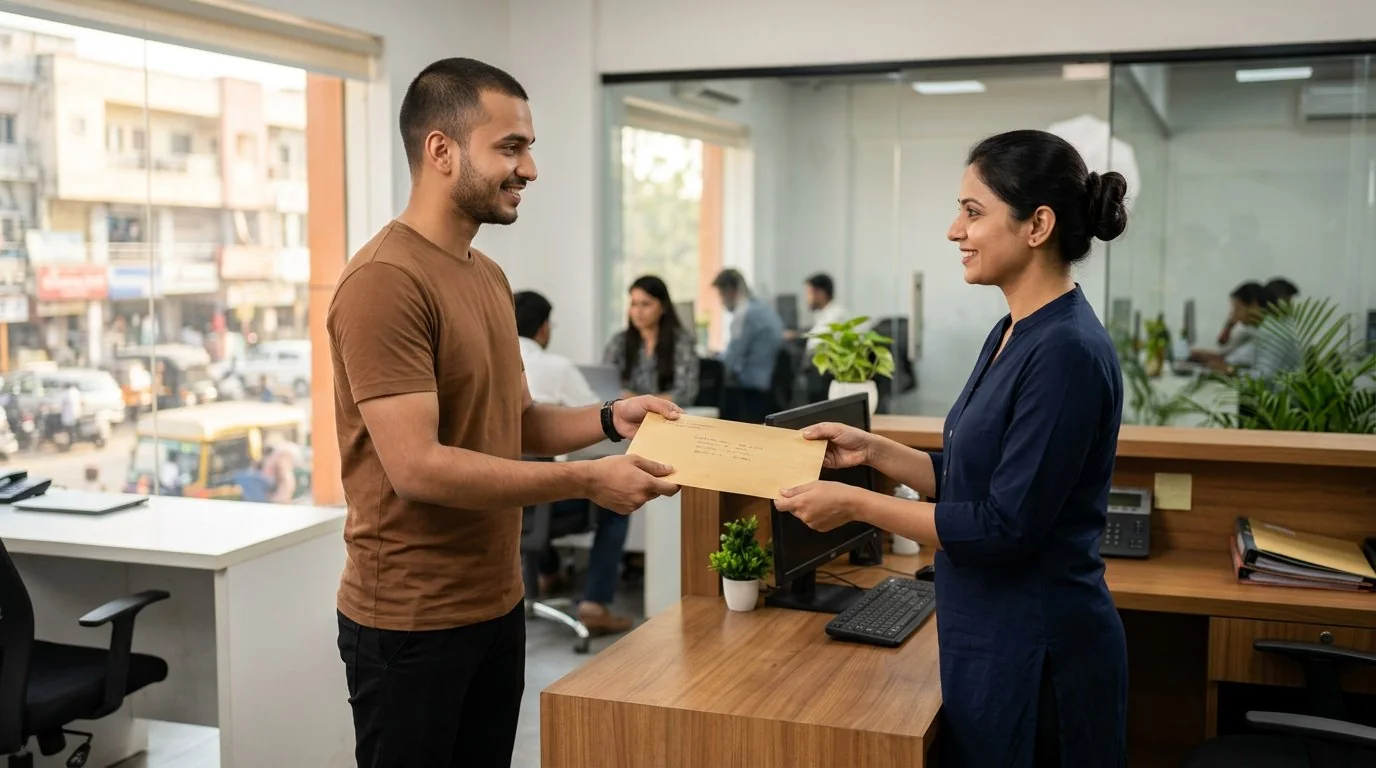 Courier staff member in brown T-shirt and black pants handing a sealed document envelope to an office recipient