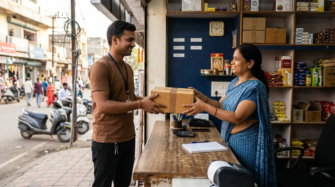 Urgent parcel pickup from a Pithampur business location by courier staff wearing brown T-shirts and black pants