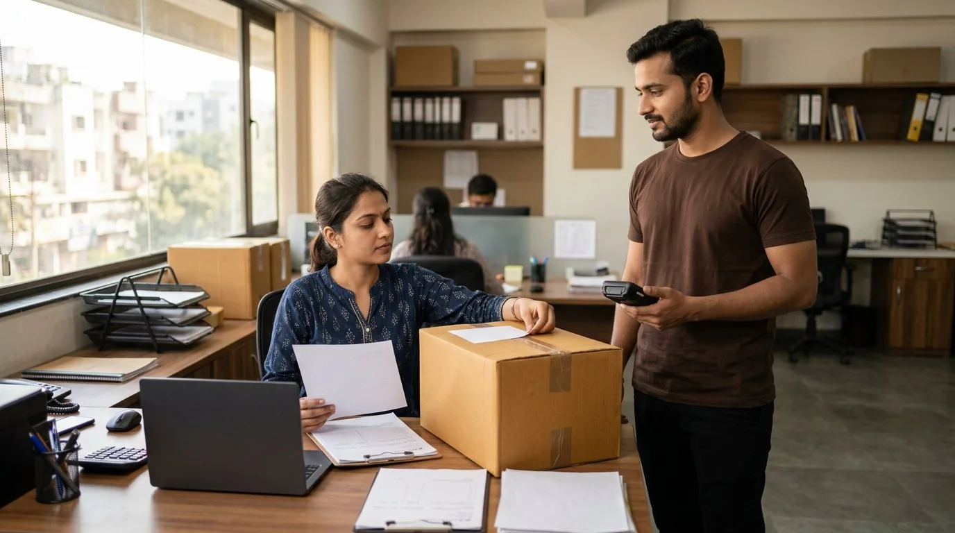 Business shipment prepared for a courier pickup by staff in brown T-shirts and black pants