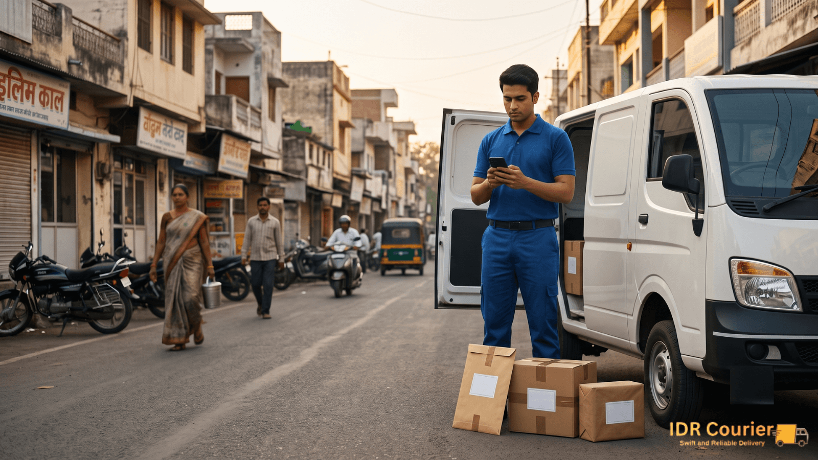 Courier executive collecting a packed shipment for same-day pickup in Ratlam