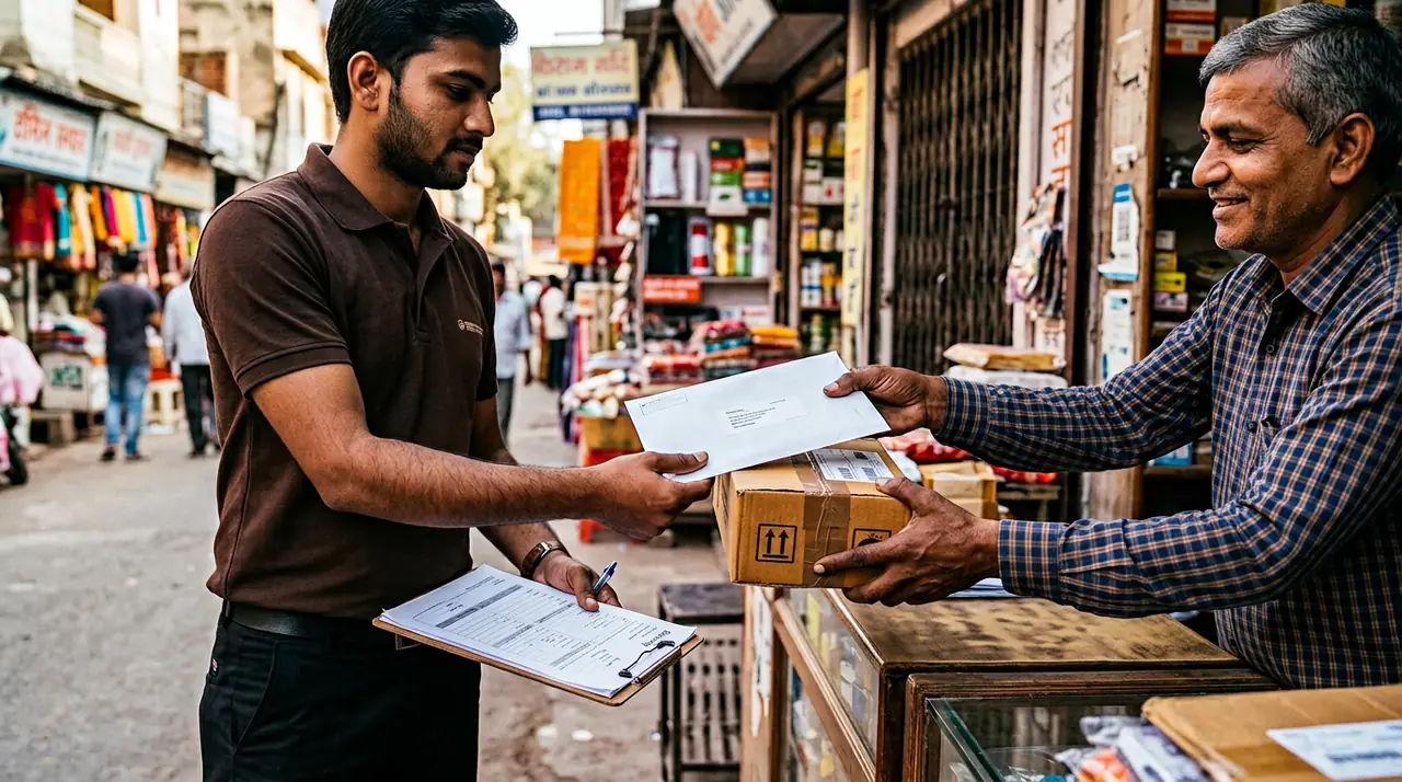 Courier executive receiving a sealed document envelope and a small sealed parcel from a business owner