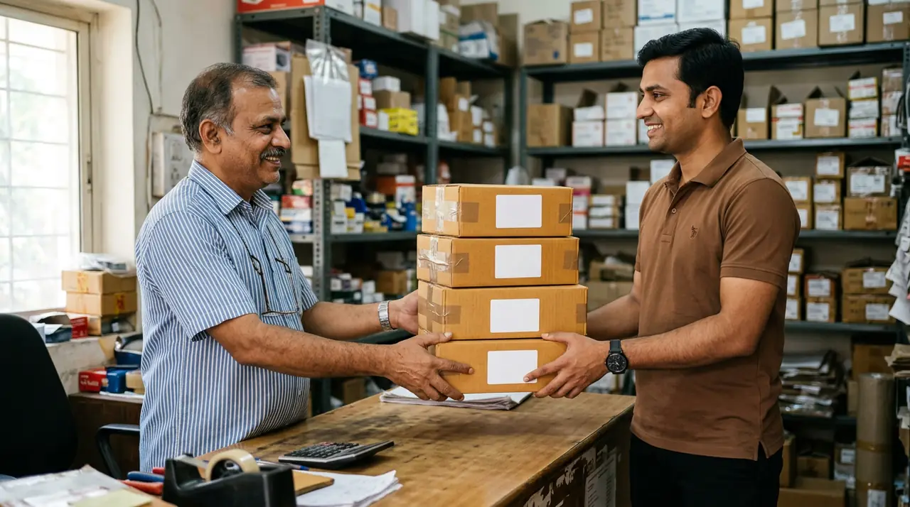 Small business owner handing over several sealed cardboard parcels to a courier executive for urgent dispatch