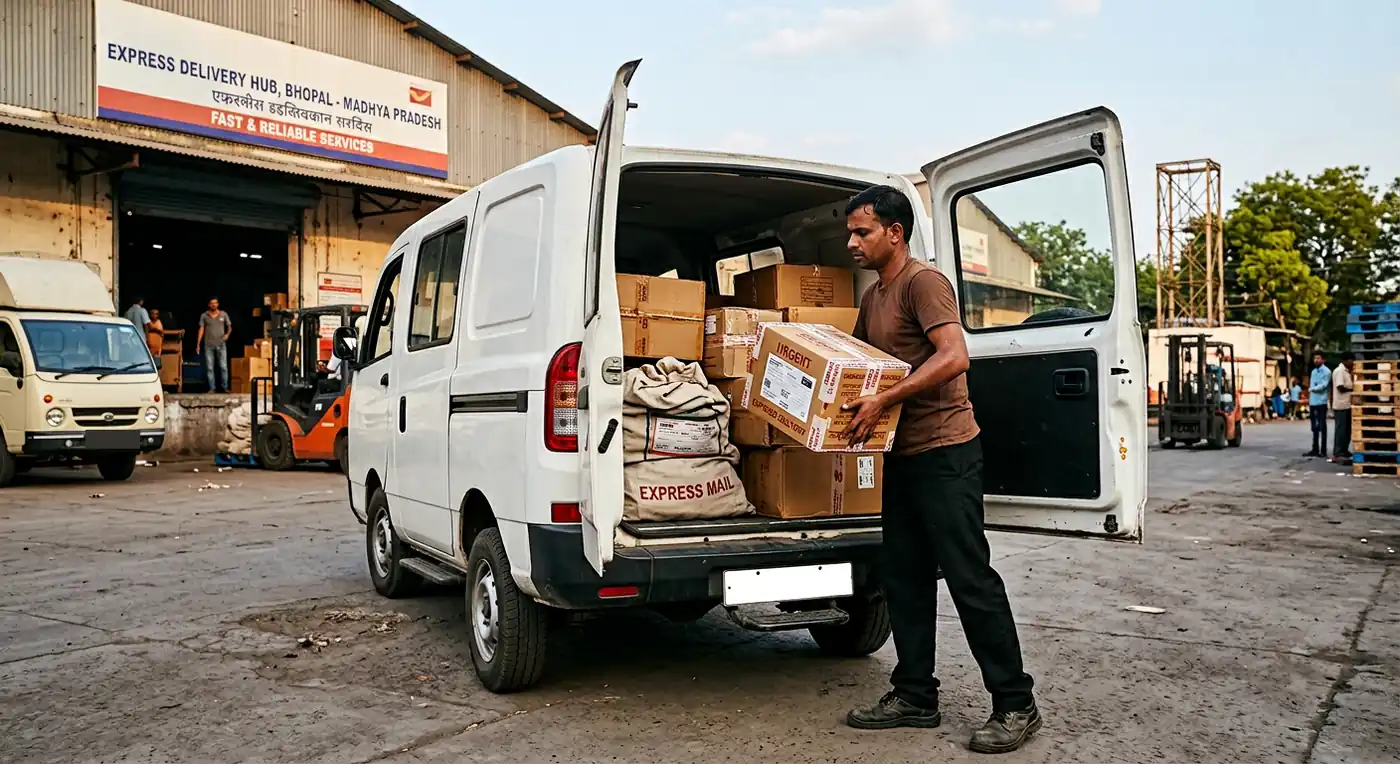 Loading parcel cartons into carrier dispatch vehicle in Madhya Pradesh