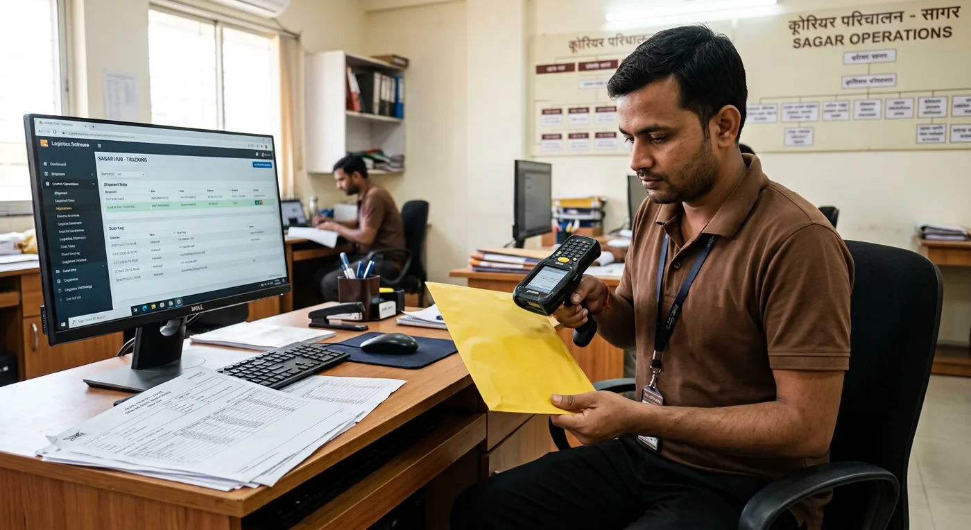 Courier coordinator checking urgent parcel shipment in Sagar