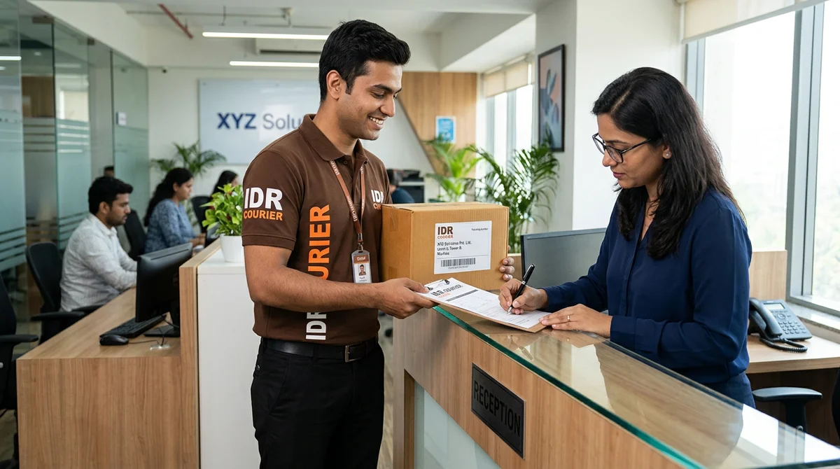 Courier delivery executive handing over an urgent business package to a recipient with delivery confirmation
