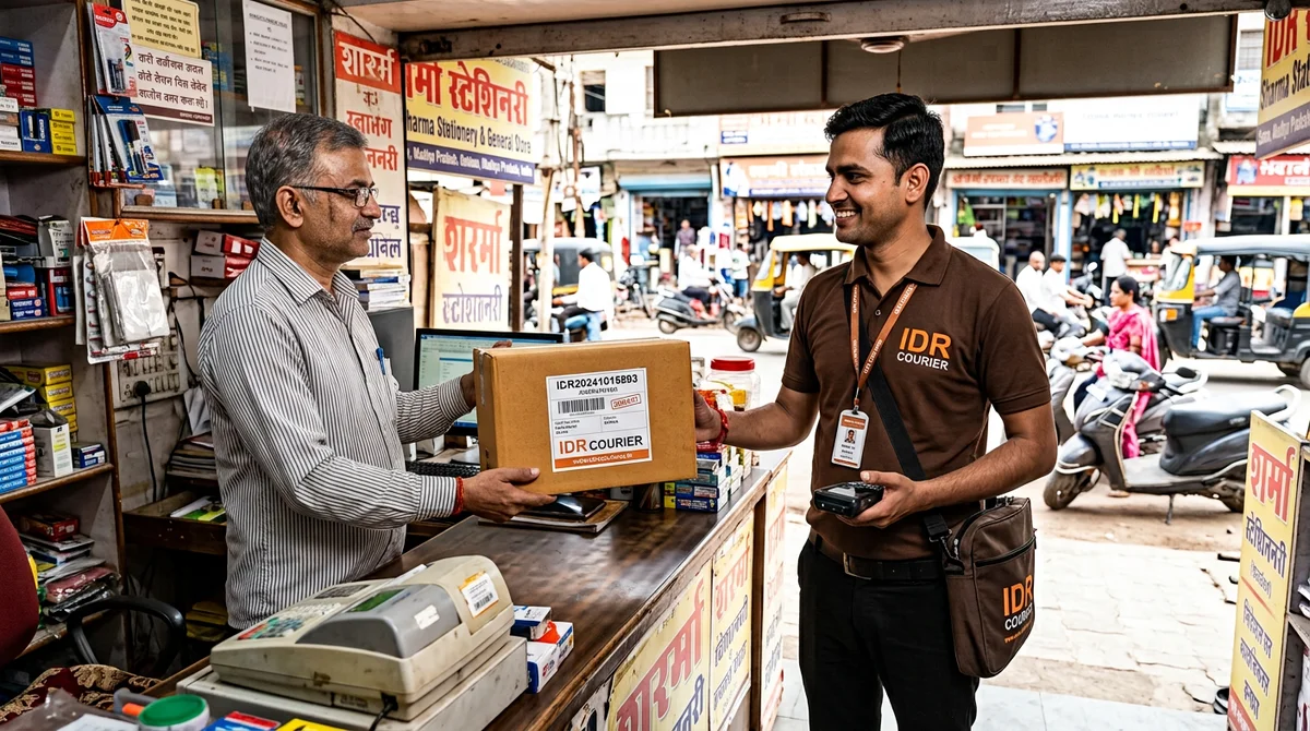 Field courier executive collecting urgent parcel and document consignment from a commercial counter in Satna