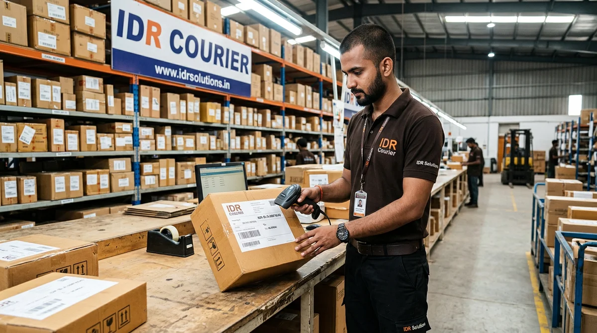 Cardboard parcel boxes and priority shipping mailers organized for urgent outward dispatch at courier sorting hub