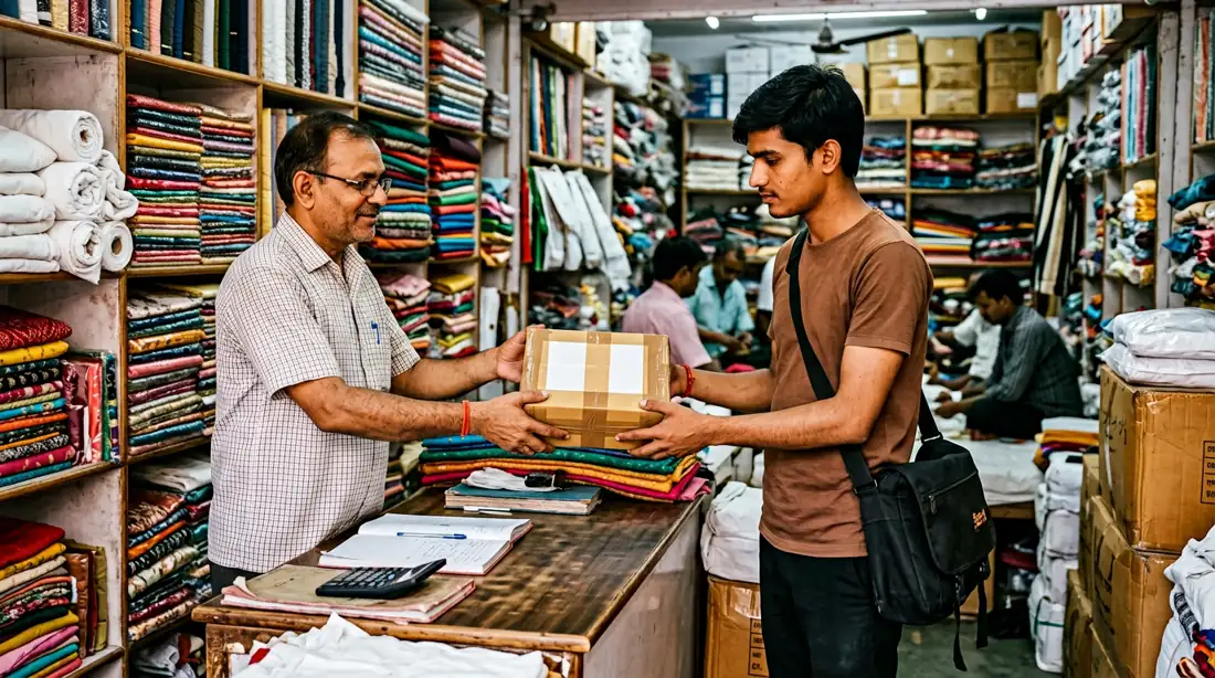 Illustration of a textile shop handing over a packed business sample