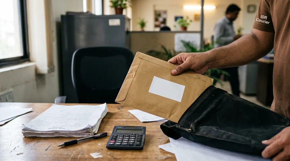 Sealed document envelope with a blank shipping label being placed into a courier bag at an office desk
