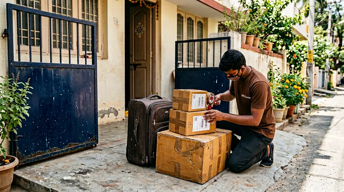 Sealed cartons and a suitcase stacked at a home entrance in Satna ready for courier pickup