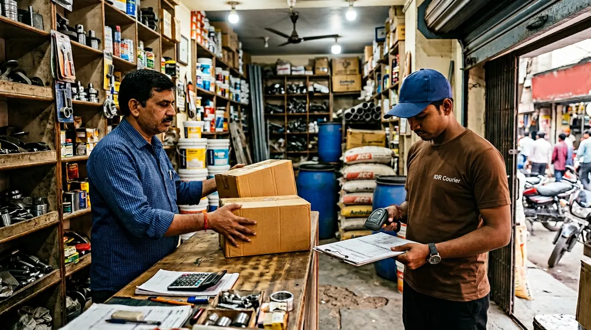 Shopkeeper in Satna handing sealed cartons to a courier pickup executive at a trade counter